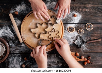 Christmas Bakery. Friends Making Gingerbread, Cutting Cookies Of Gingerbread Dough, View From Above. Festive Food, Cooking Process, Family Culinary, Christmas And New Year Traditions Concept