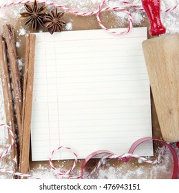 Christmas Baking Background; Gingerbread Dough, Rolling Pin And An Empty Blank Recipe Card