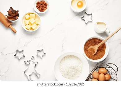 Christmas Baking Background With Baking Ingredients, Top Down View, Blank Space For A Text