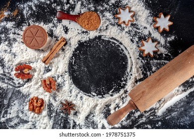 Christmas Baking Frame With Cookies, Spices, And A Rolling Pin, Overhead Shot