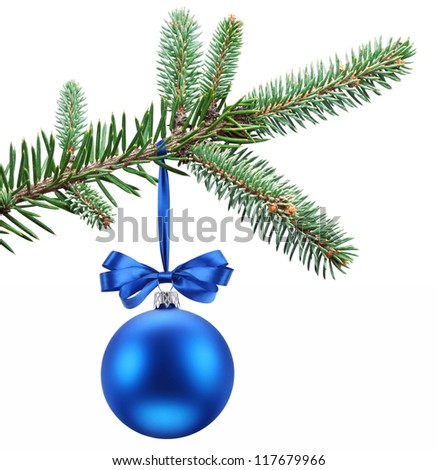 Christmas ball on fir branches. Isolated on white.