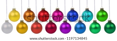 Christmas balls baubles banner decoration colors hanging isolated on a white background