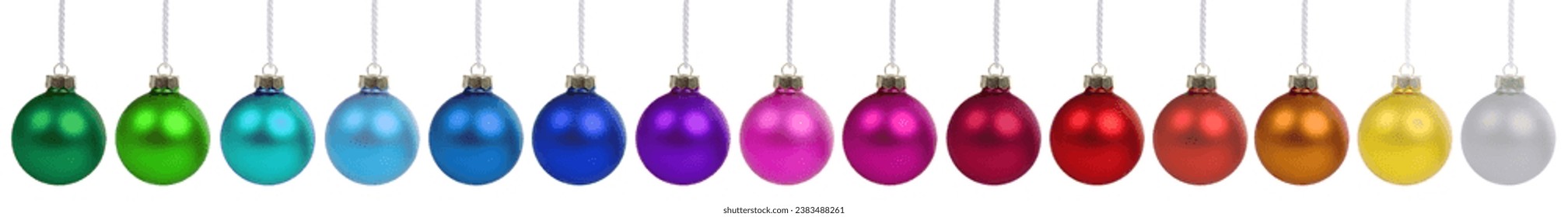Christmas balls baubles banner ornament colorful decoration in a row isolated on a white background