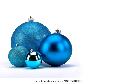 Christmas Balls Of Blue Color On White Background With Space For Text, Bauble To Decorate The Tree, Christmas Concept