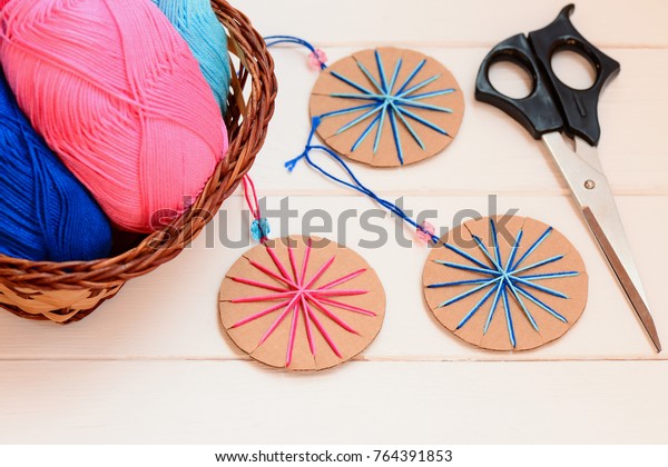 Christmas Balls Decorations Scissors Cotton Yarn Stock Photo Edit