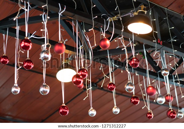 Christmas Balls Hanging On Ceiling Cafe Stock Photo Edit