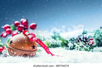 Christmas Balls Jingle Bell Red Ribbon With Text Happy Christmas Snowy Abstract Background And Decoration.