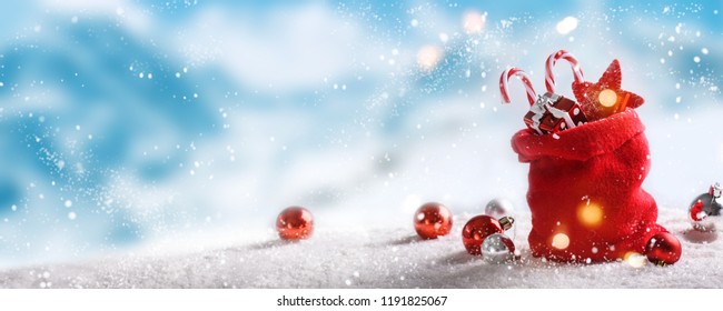 Christmas Balls In Winter Setting,Winter Holidays Background.