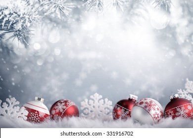 Christmas balls in winter setting,Winter holidays concept.
