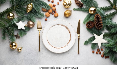 Christmas Banner Dinner Table Setting Frame With Empty Plate, Cutlery, Christmas Toys And Fir Tree. Winter Holidays Background