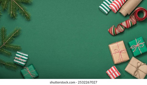 Christmas banner, frame, background with fir branches and paper gift boxes and wrapping paper. DIY gifts - Powered by Shutterstock