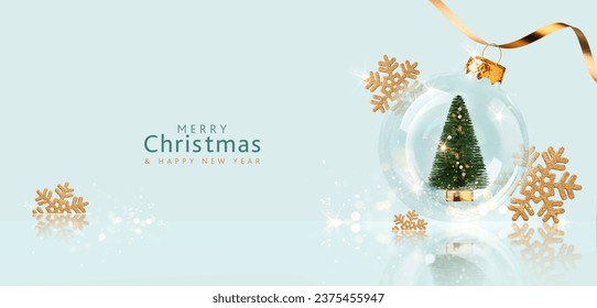 Christmas banner in pastel blue with transparent ball and gold decoration. Xmas design of Christmas tree inside transparent snow globe, horizontal banner, header for the site - Powered by Shutterstock