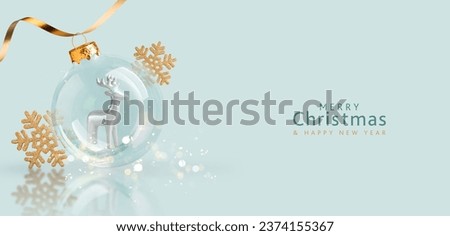 Christmas banner in pastel blue with transparent ball, deer and gold decoration. Xmas design of deer inside transparent Christmas ball Merry Christmas and New Year greeting card