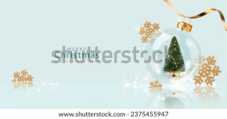 Christmas banner in pastel blue with transparent ball and gold decoration. Xmas design of Christmas tree inside transparent snow globe, horizontal banner, header for the site