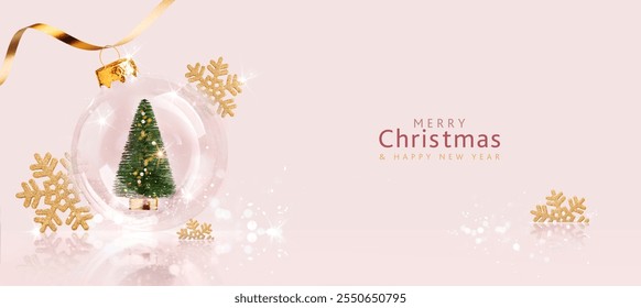 Christmas banner in pastel pink with transparent ball and gold decoration. Xmas design of Christmas tree inside transparent snow globe, horizontal banner, header for the site - Powered by Shutterstock