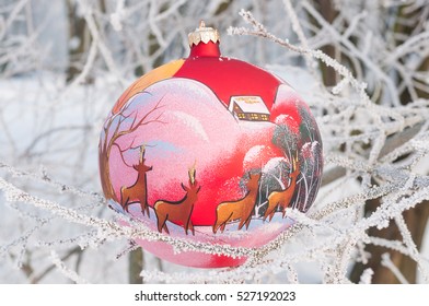 Christmas Bauble On The Real Christmas Tree Outside