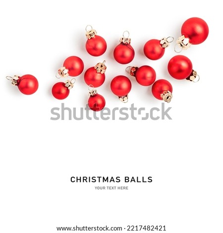 Christmas baubles, red balls creative layout isolated on white background. Design element. Holiday decoration. Flat lay, top view
