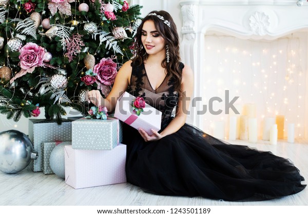 Christmas Beautiful Woman Smiling Manicure Nails Stock Photo