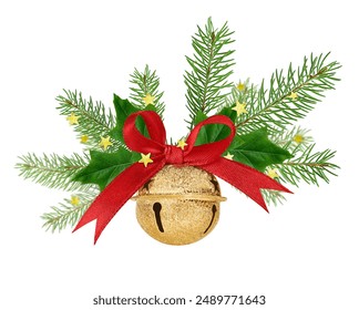 Christmas bell with red ribbon, star confetti, fir branches and holly isolated on white background - Powered by Shutterstock