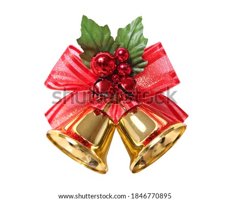 Christmas bells with red ribbon isolated on white.Fir tree decor.New year and x mas decoration symbol.Holiday object.