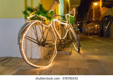 Christmas bicycle decorated at Nafplio in Greece.