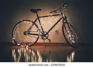 Christmas bike decorated with lanterns. Christmas/ new year concept