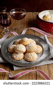 Christmas Biscuits, And Some Glass Of Wine On Wooden Table. Front View.