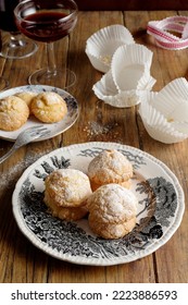 Christmas Biscuits, And Some Glass Of Wine On Wooden Table. Front View.