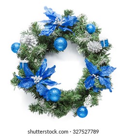 Christmas Blue Wreath Isolated On White.