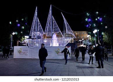 A Christmas Boat Stands At Central Syntagma Square In Athens, Greece On Jan. 1, 2015