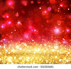 Christmas Bokeh - Gold Glitter With Shining Red Backdrop