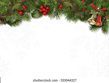 Christmas Border Branches And Holly On White Background