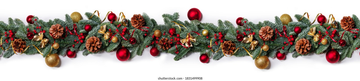 Christmas border frame design copmosition of noble fir tree branch and red golden decorations balls baubles berries pine cones isolated on white background - Powered by Shutterstock