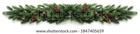 Christmas border frame of tree branches with red berries and pine cones
