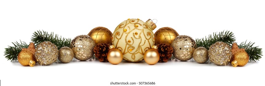 Christmas Border Of Gold Ornaments And Branches Isolated On A White Background