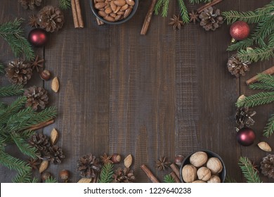 Christmas Border With Ingredient For Cooking Holiday Food With Copy Space. New Year Background.