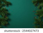 Christmas border with pine branches, red and gold confetti stars on a dark green background.
Xmas frame, Happy New Year greeting card template