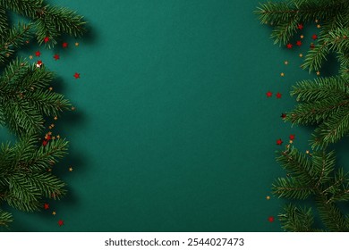 Christmas border with pine branches, red and gold confetti stars on a dark green background.
Xmas frame, Happy New Year greeting card template - Powered by Shutterstock