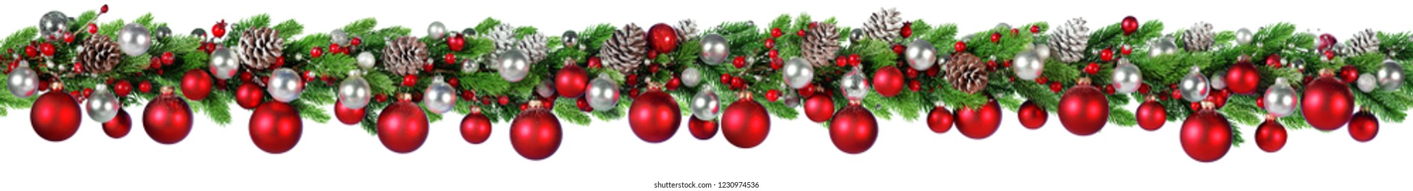 Christmas Border - Red And Silver Ball Hanging In Fir Garland
 - Shutterstock ID 1230974536