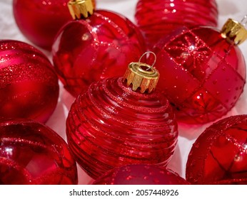 Christmas Box With Red Christmas Balls And Gifts, Christmas Trinkets.