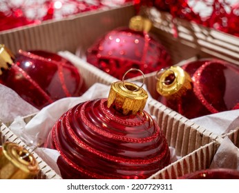 Christmas Box With Red Christmas Balls And Gifts, Christmas Trinkets