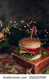 Christmas Burger On Wooden Box. Selective Focus