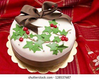 Christmas Cake Decorated With Fondant Holly Leaves