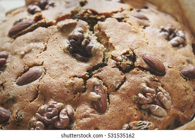 Christmas Cake Homemade Dundee Dried Fruits Almond Walnuts Orange Close Up