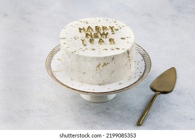 Christmas Cake On White Cake Stand. Copy Space.