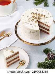 Christmas Cake On White Cake Stand. Copy Space.