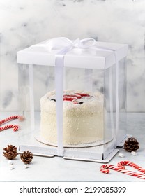 Christmas Cake On White Cake Stand. Copy Space.