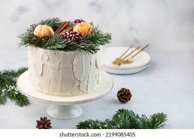 Christmas Cake On White Cake Stand. Copy Space.