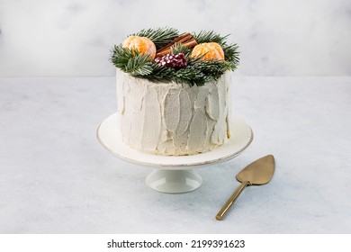 Christmas Cake On White Cake Stand. Copy Space.