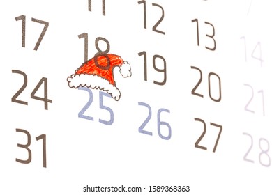 Christmas calendar, concept, christmas wallpaper, holiday calendar Decembre calendar whit 25 date red hats, Day on the calendar. Twenty fifth of December